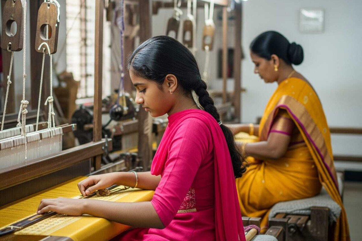 Girl and mom weaving