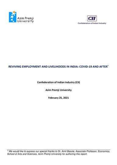 Reviving Employment and Livelihoods in India: COVID-19 and After - Azim ...